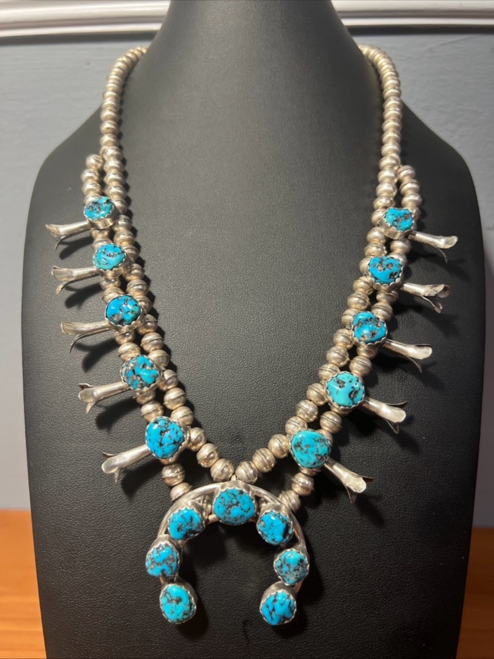 VTG c1950s Youth Navajo Sterling Kingman Turquoise Squash Blossom 22” Necklace
